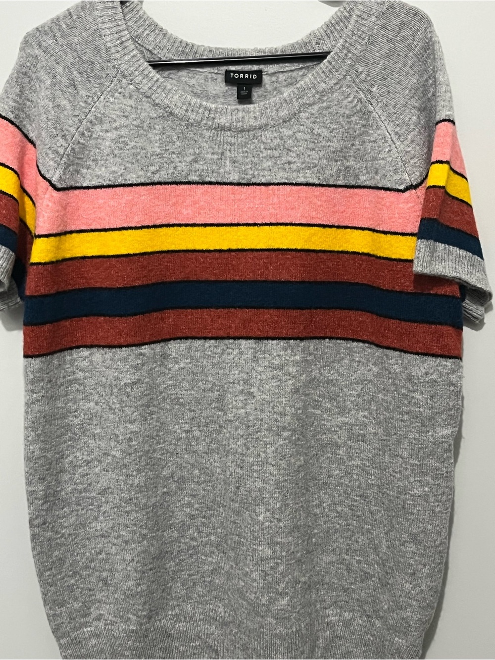 torrid Gray Crewneck Sweater with Pink, Yellow, Rust & Navy Stripes